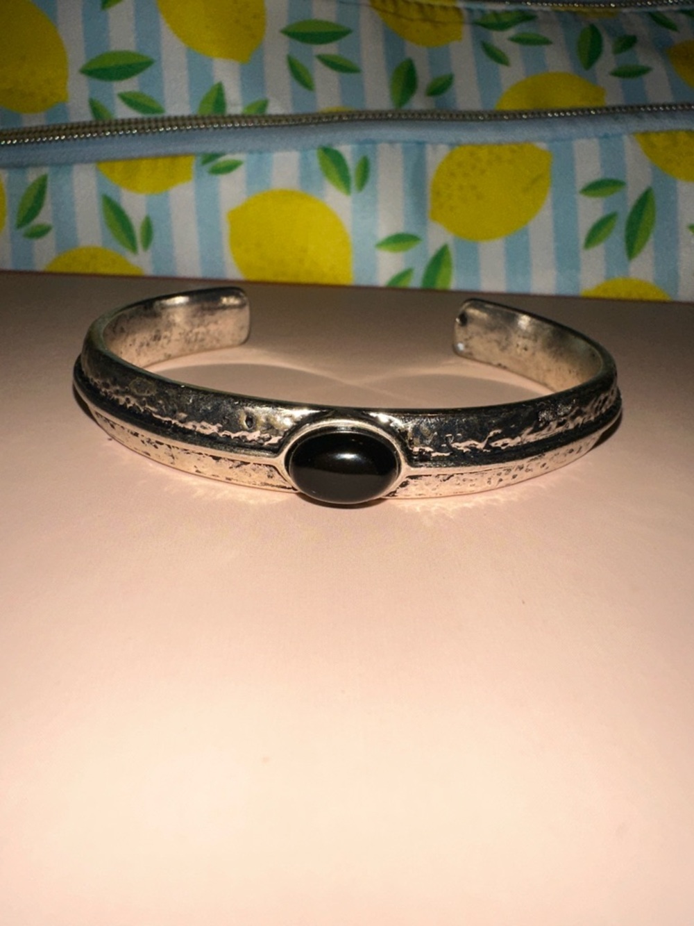 Sterling-Style Silver Cuff Bracelet with Black Stone Accent